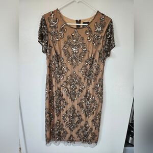 Adrianna Papell Beige & Charcoal Beaded Formal Dress Size 12 (fits like an 8)